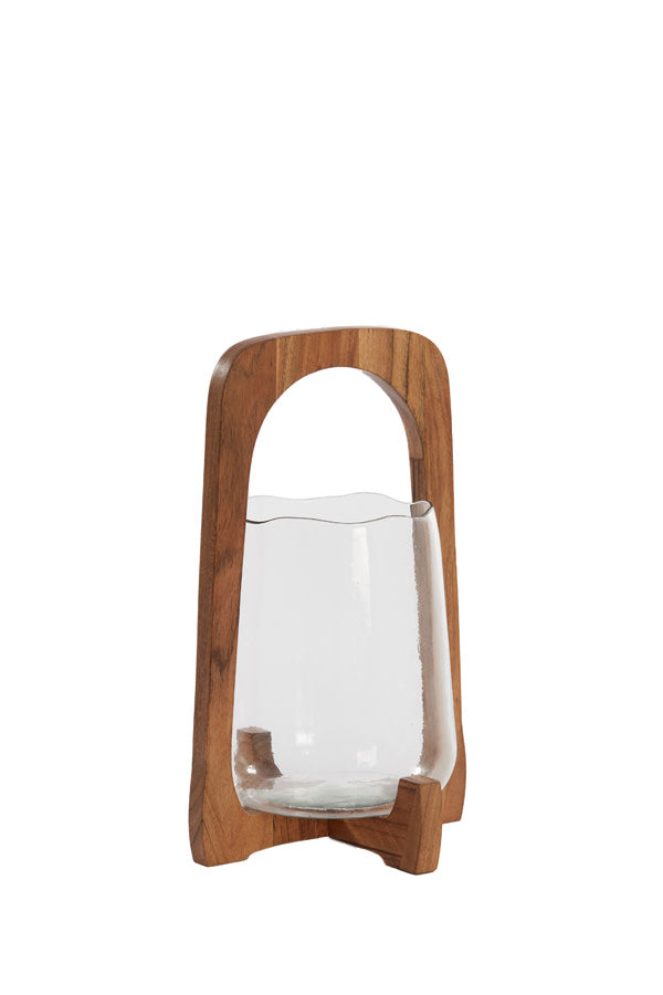 Anosy Clear Glass & Natural Wood Hurricane Candle Holder 35cm