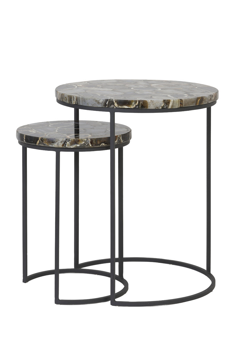 Axat Set of 2 Brown Agate & Black Round Side Tables Nest