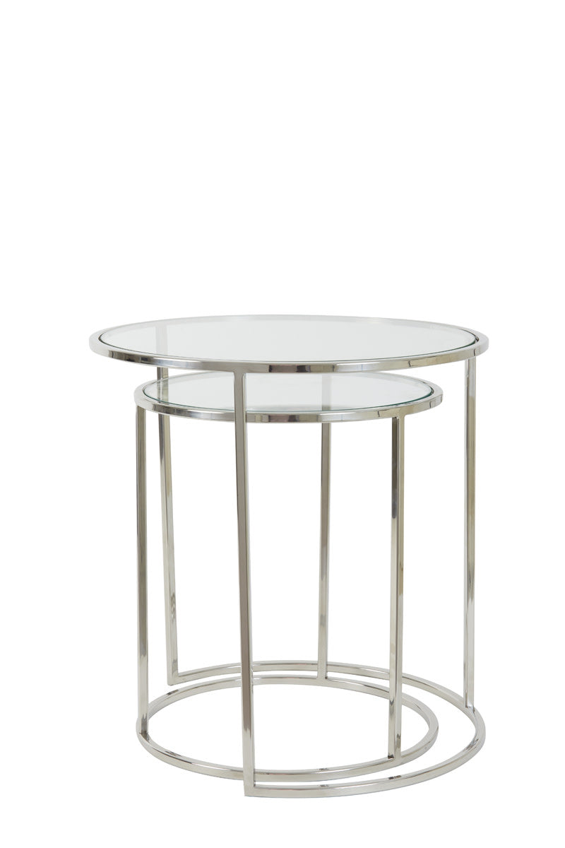 Duarte Set of 2 Nickel & Glass Round Side Tables Nest