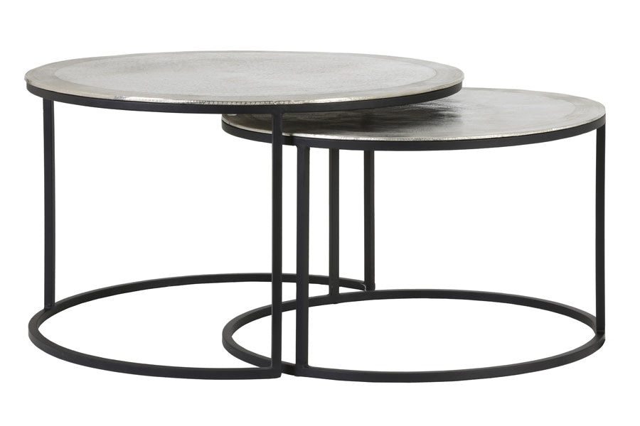 Talca Set of 2 Raw Nickel Metal Round Coffee Tables Nest