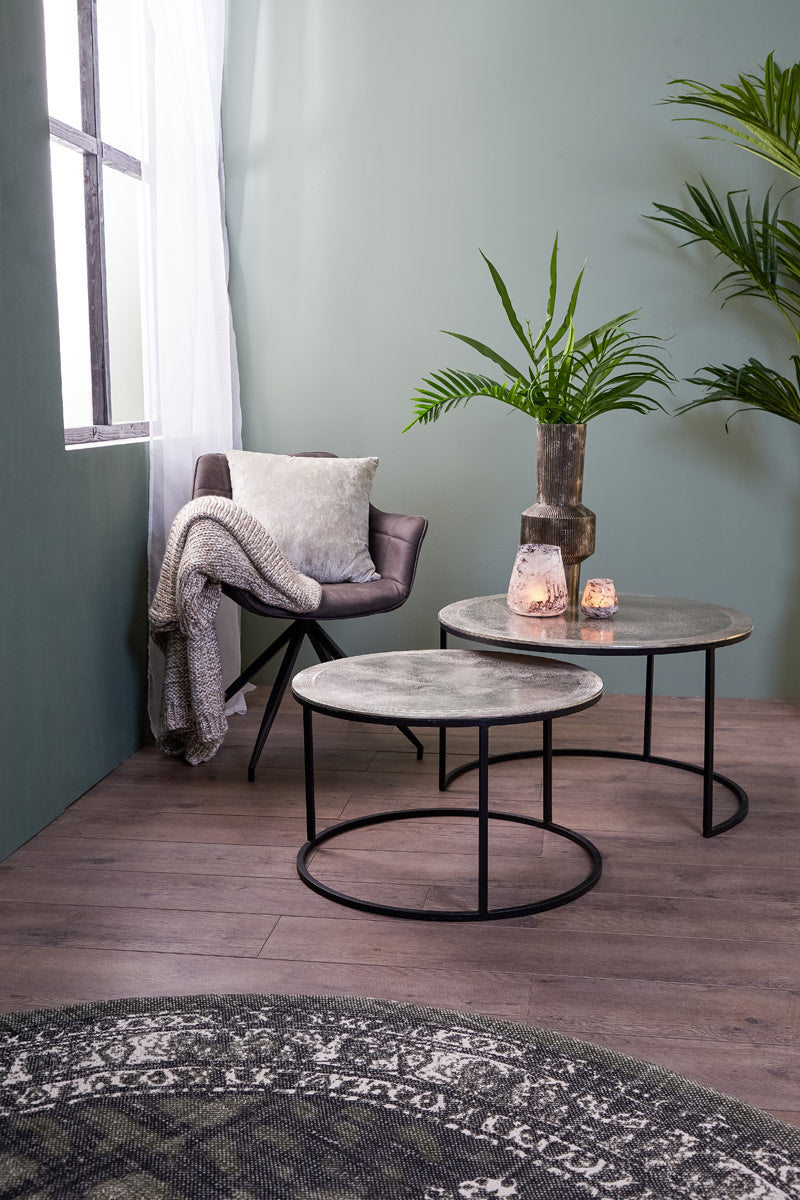 Talca Set of 2 Raw Nickel Metal Round Coffee Tables Nest