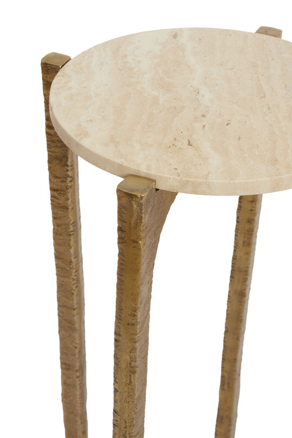 Kanae Set of 2 Sand Travertine & Antique Bronze Round Side Tables