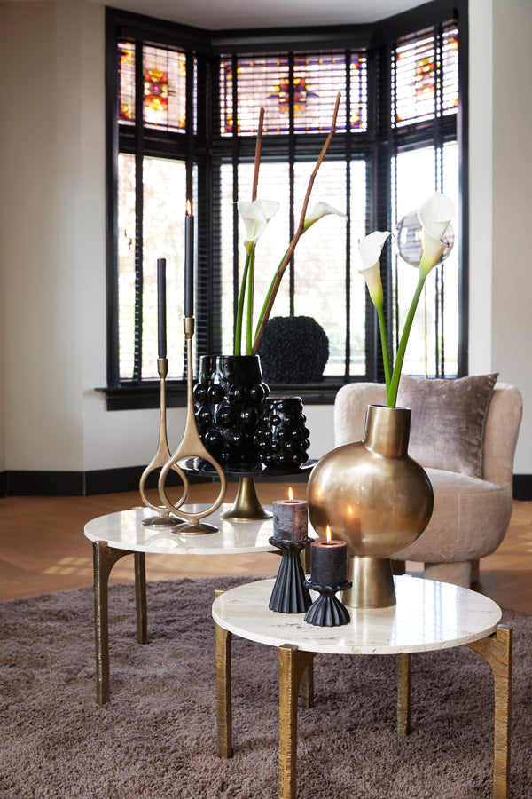 Kanae Set of 2 Sand Travertine & Antique Bronze Round Coffee Tables