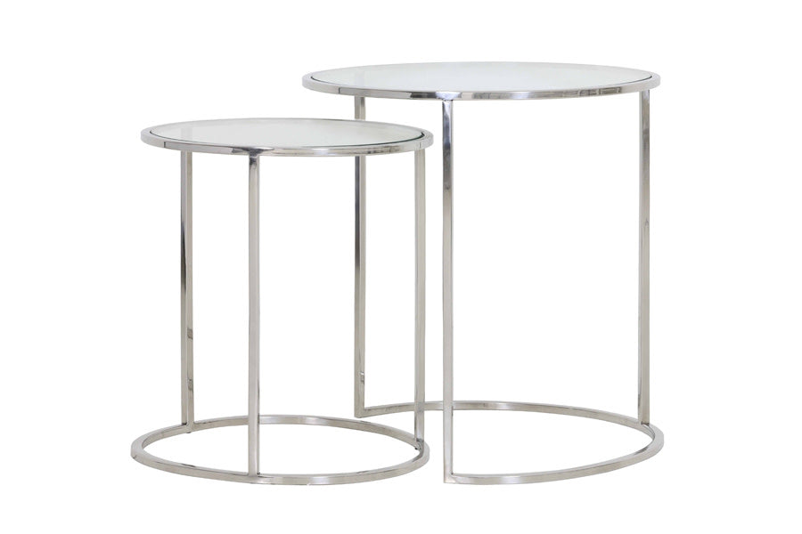 Duarte Set of 2 Nickel & Glass Round Side Tables Nest