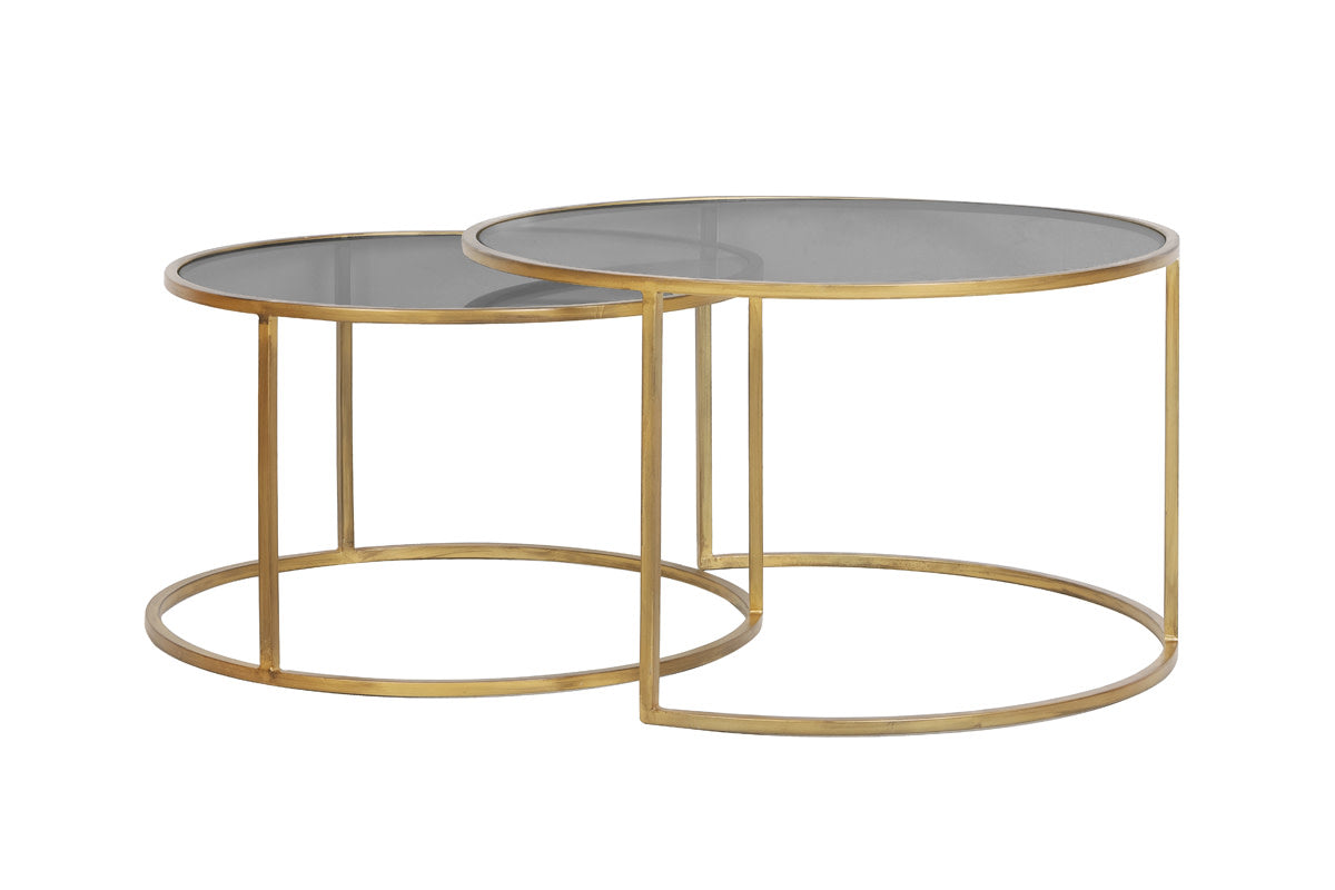 Duarte Set of 2 Smoked Gold Glass Round Coffee Tables Nest