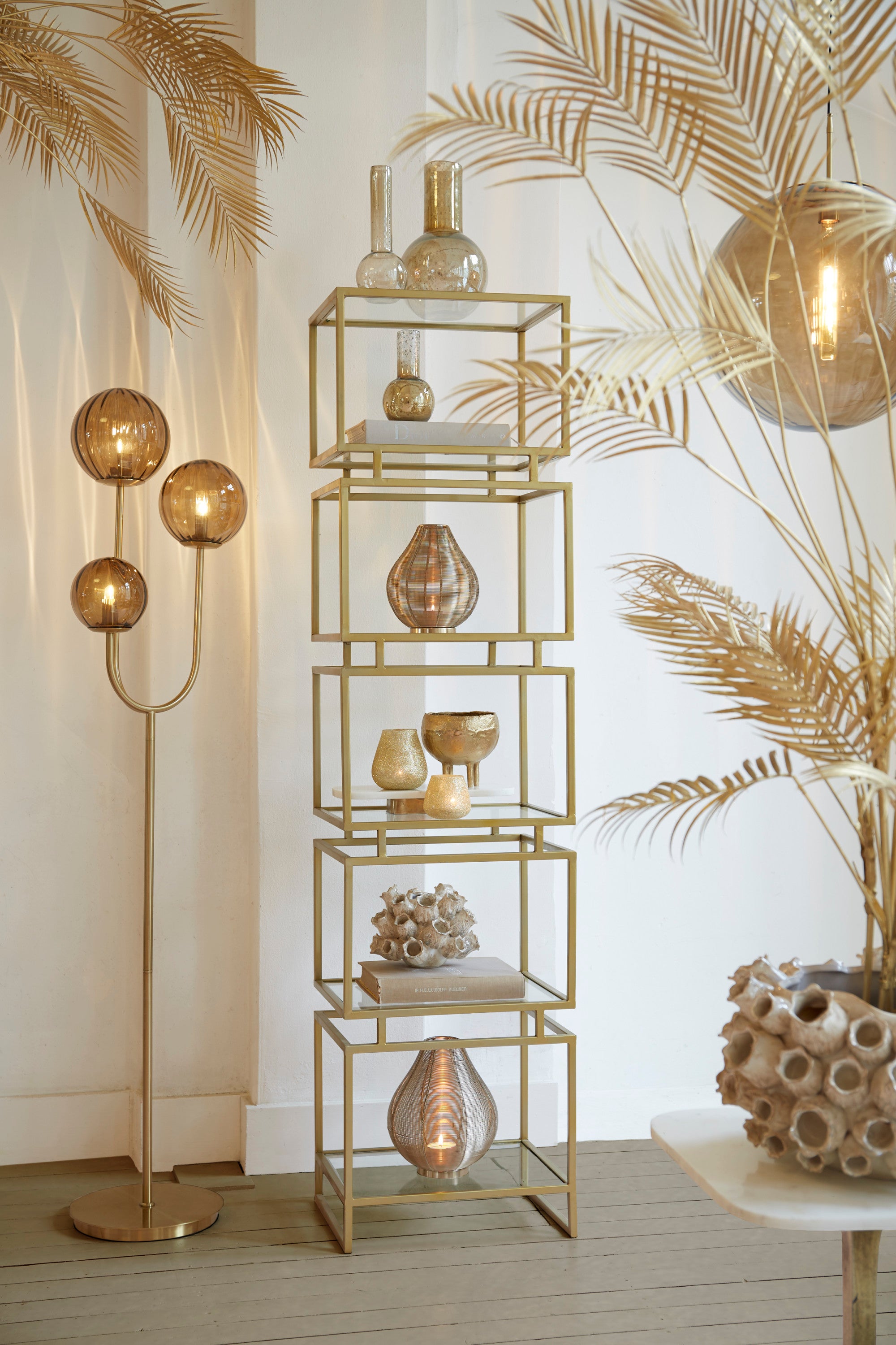 Magdala Brown Glass & Gold 3 Light Floor Lamp