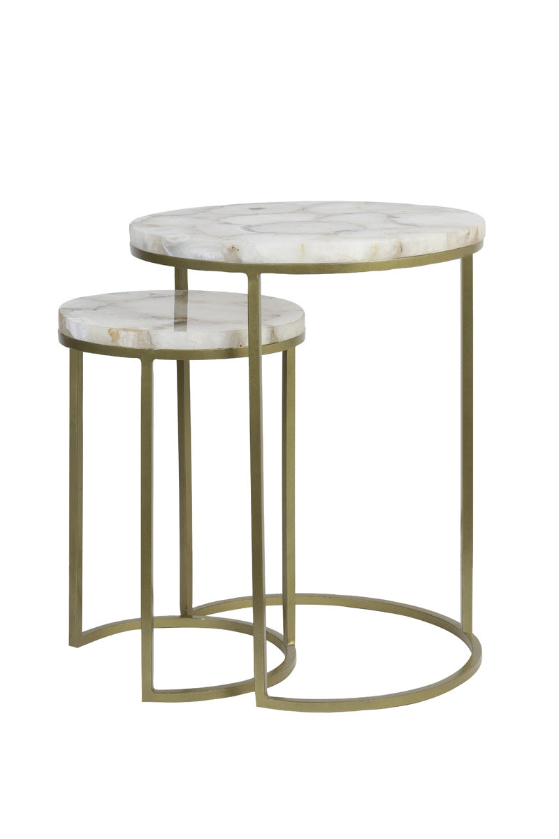 Axat Set of 2 White Agate & Antique Bronze Round Side Tables Nest
