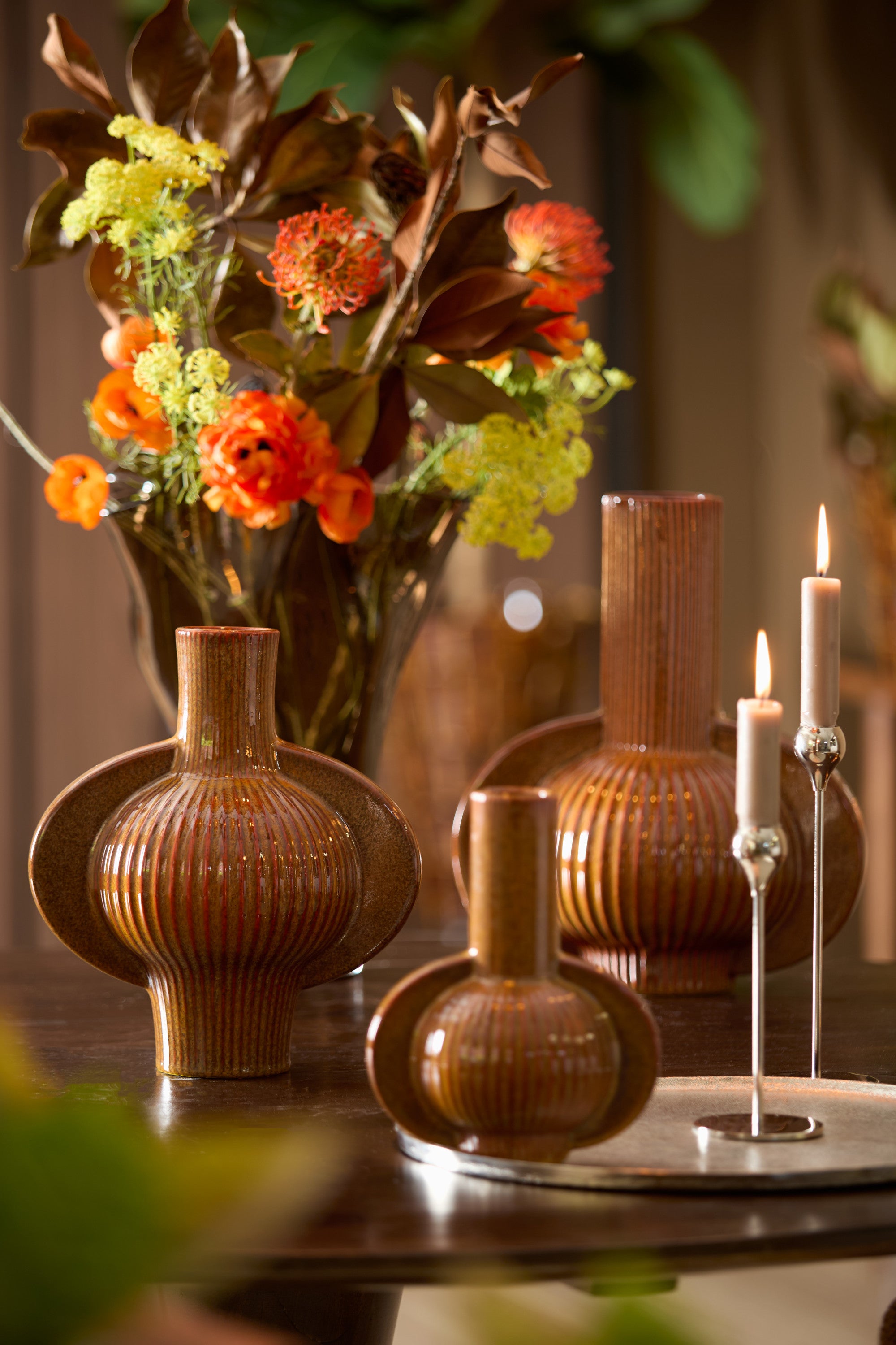 Melnik Cognac Brown Ribbed Ceramic Vase 31cm