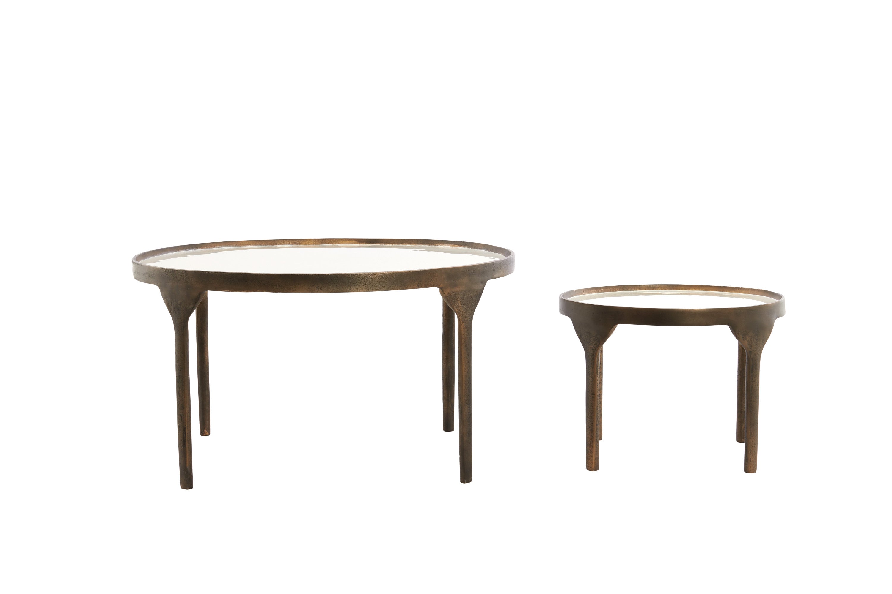 Eli Set of 2 Gloss Cream & Brown Bronze Metal Round Coffee Tables Nest