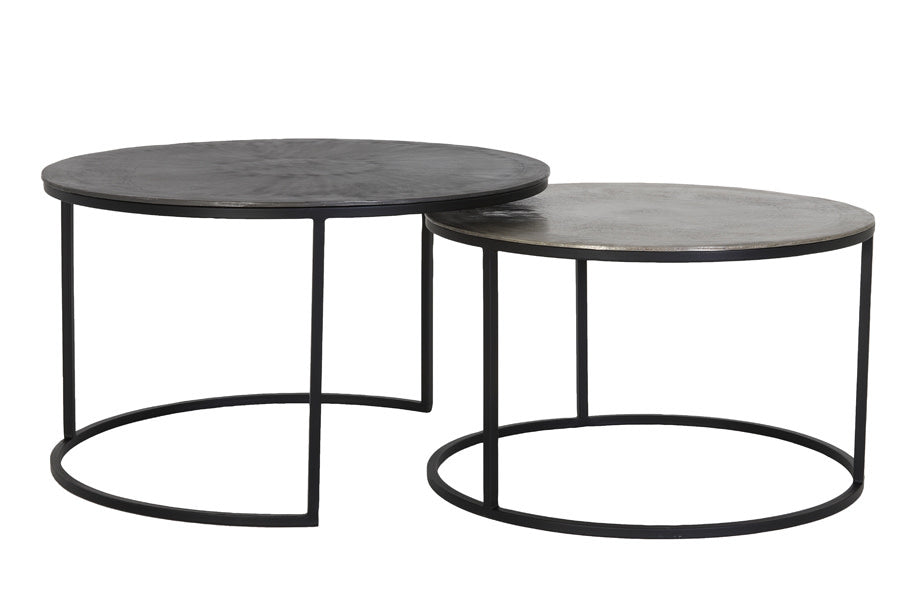 Talca Set of 2 Raw Lead & Antique Lead Metal Round Coffee Tables Nest