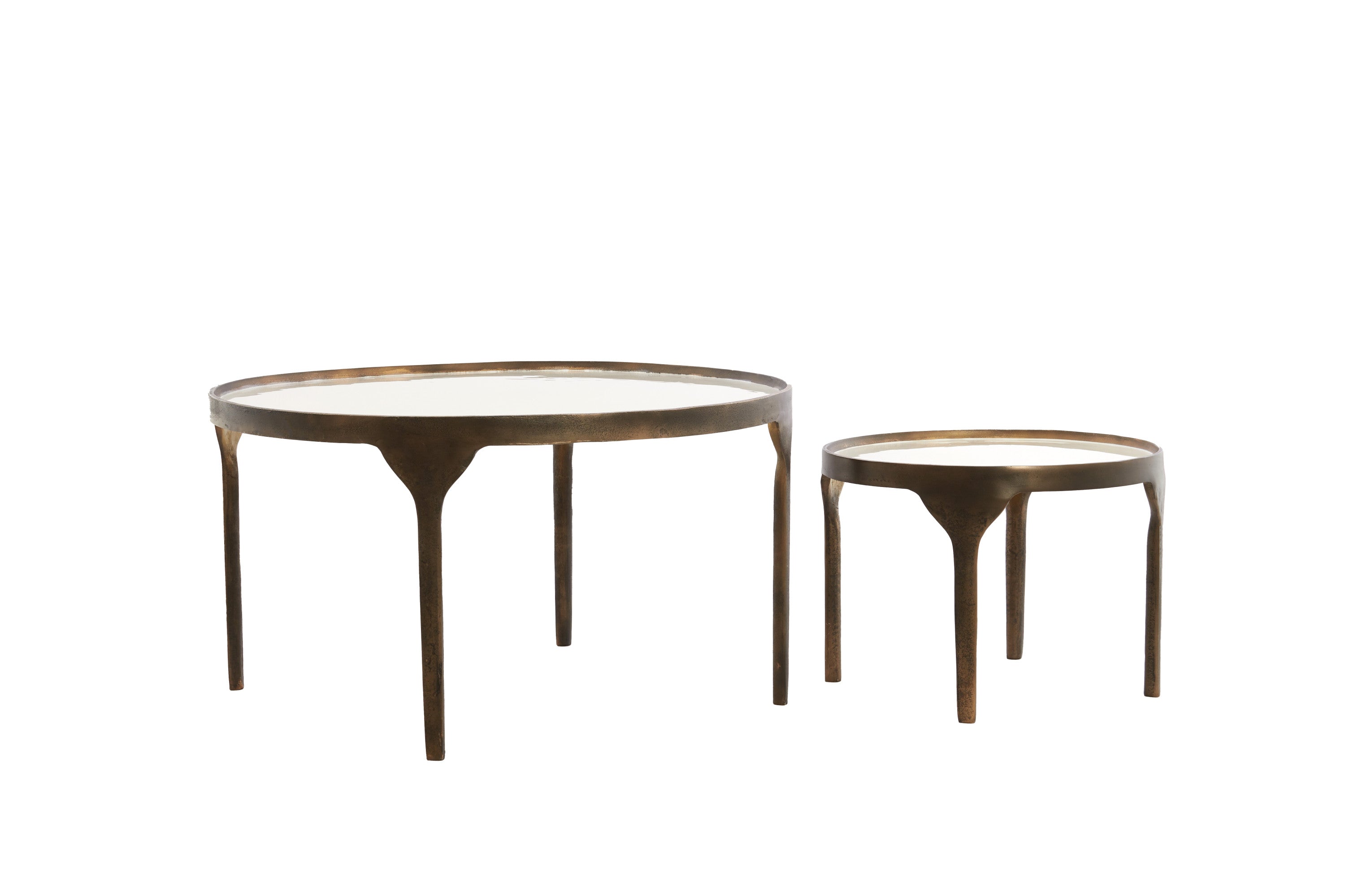 Eli Set of 2 Gloss Cream & Brown Bronze Metal Round Coffee Tables Nest