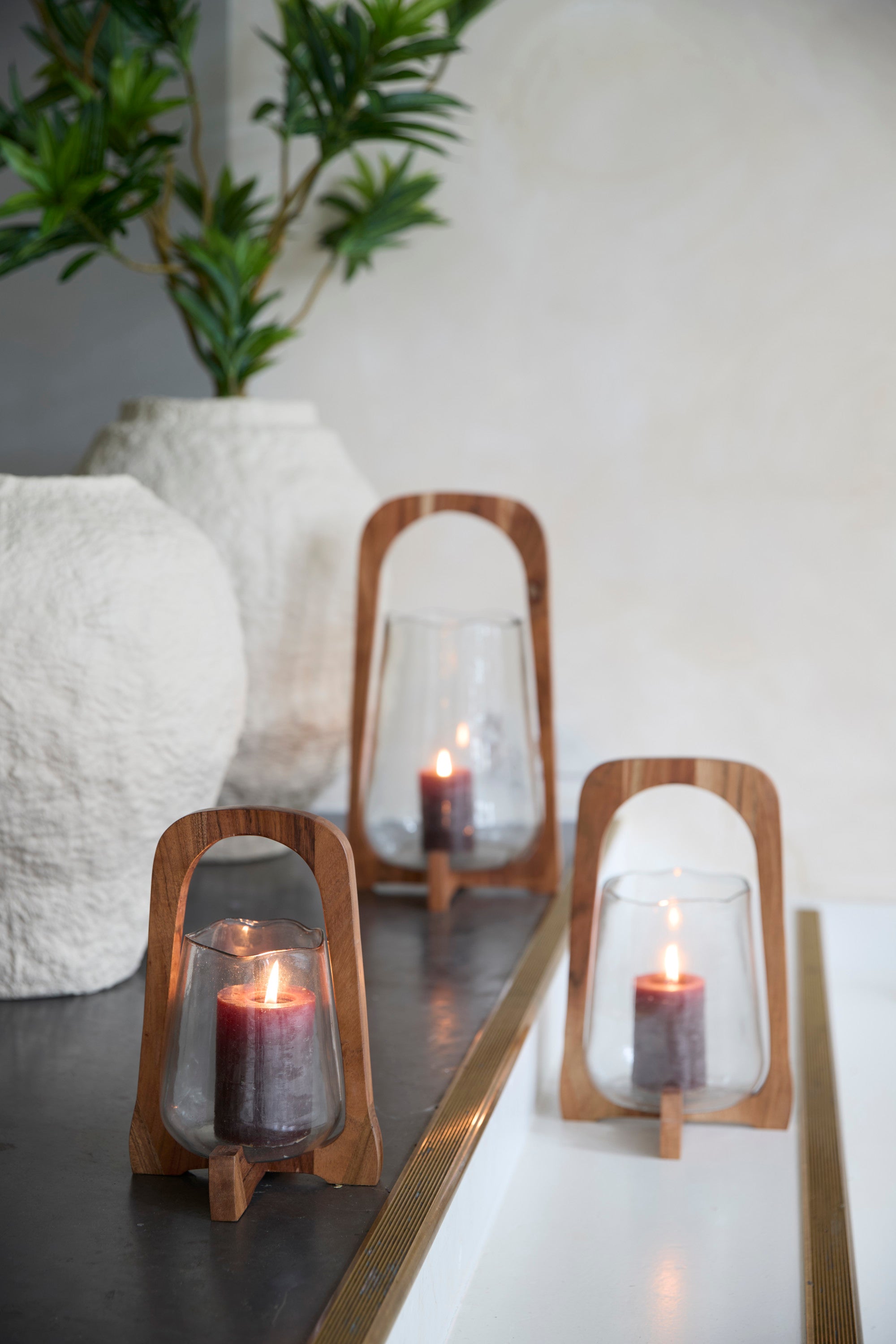 Anosy Clear Glass & Natural Wood Hurricane Candle Holder 35cm