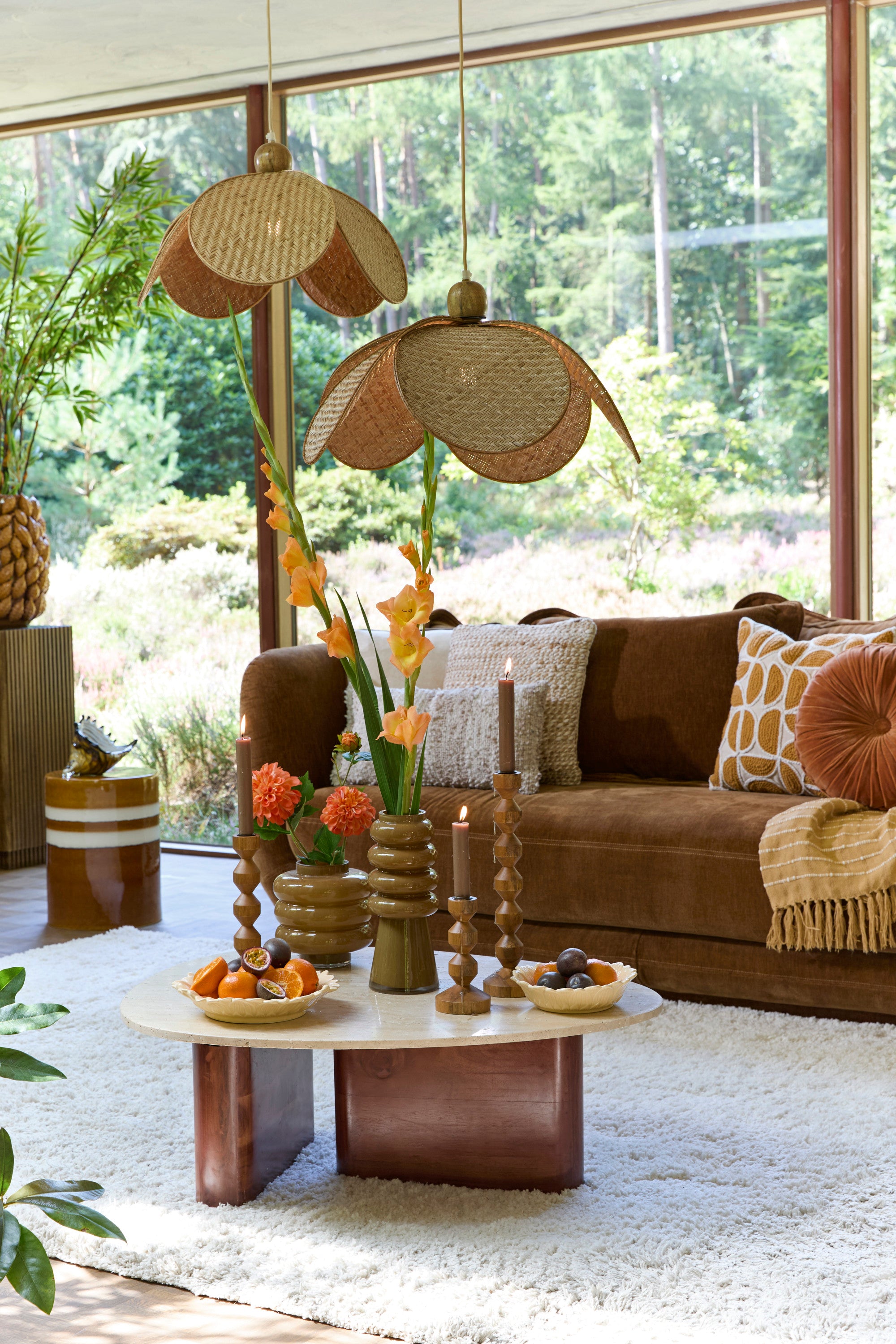 Mahelona Sand Travertine & Brown Wood Round Coffee Table