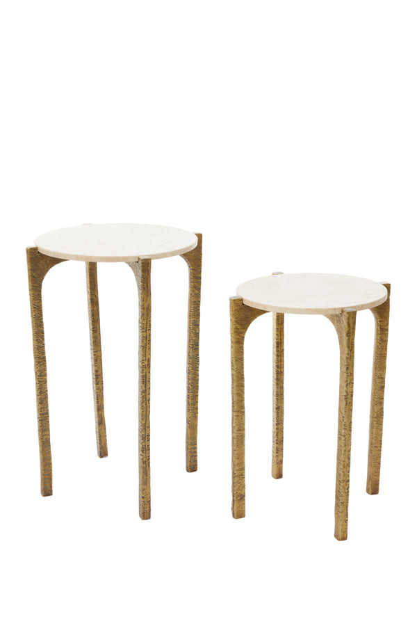 Kanae Set of 2 Sand Travertine & Antique Bronze Round Side Tables