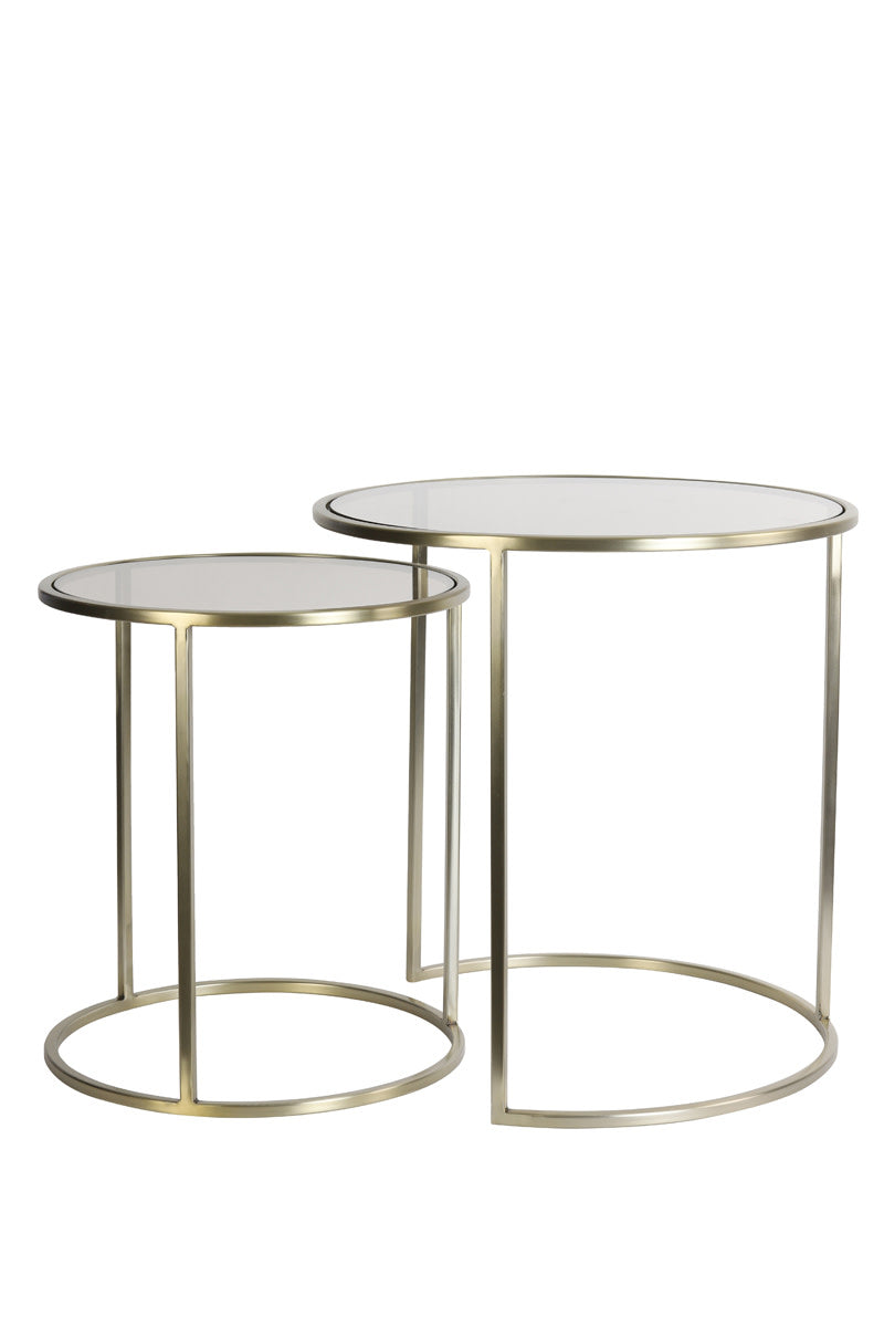 Duarte Set of 2 Brown Glass & Light Gold Round Side Tables Nest