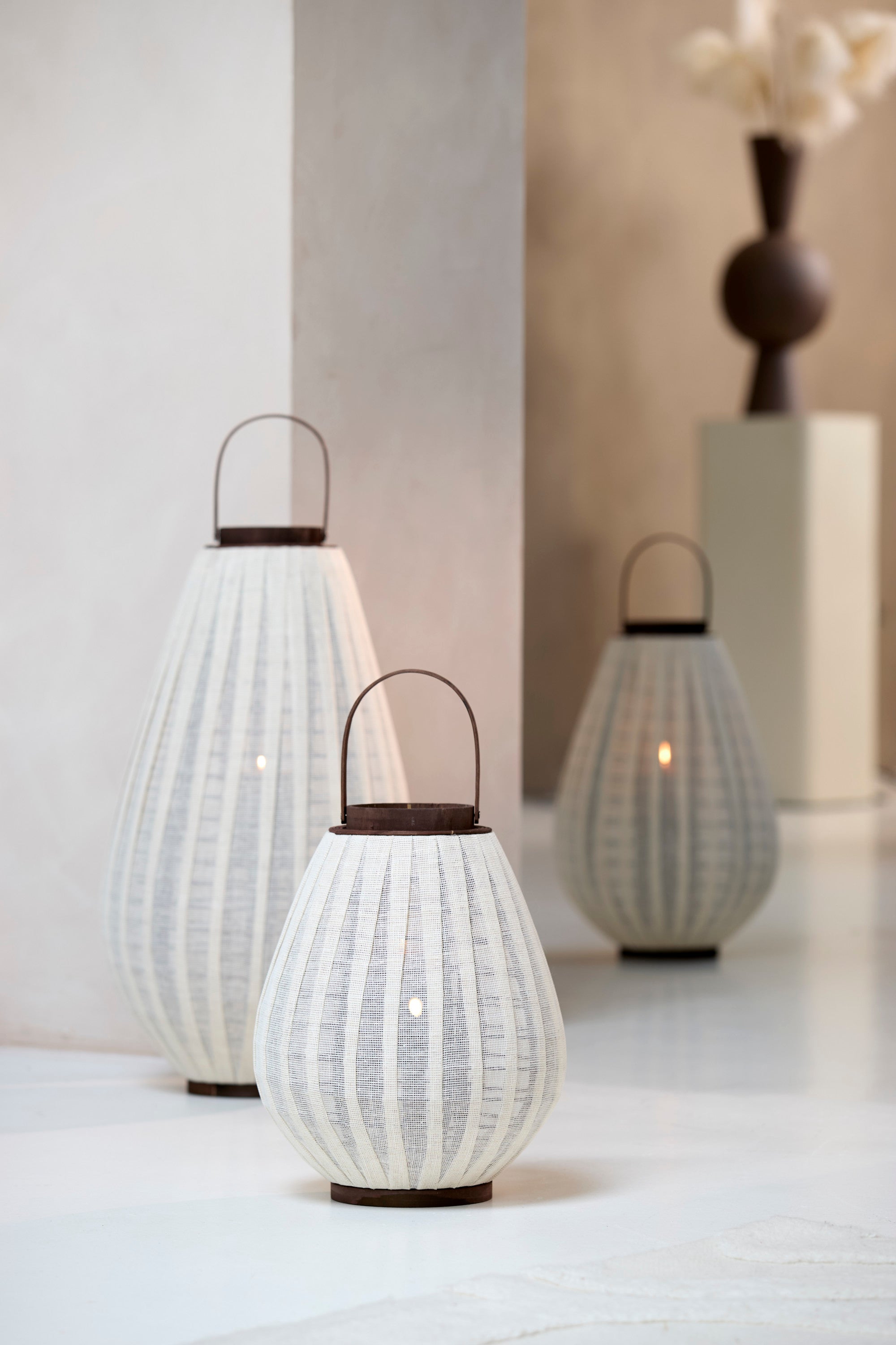 Dazio Natural Linen & Dark Brown Wood Hurricane Candle Holder 55cm