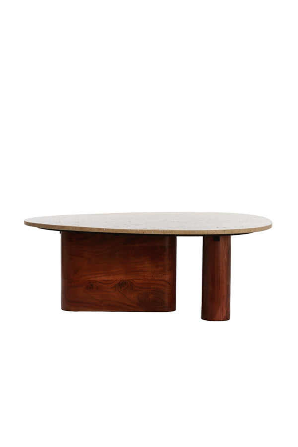 Mahelona Sand Travertine & Brown Wood Round Coffee Table