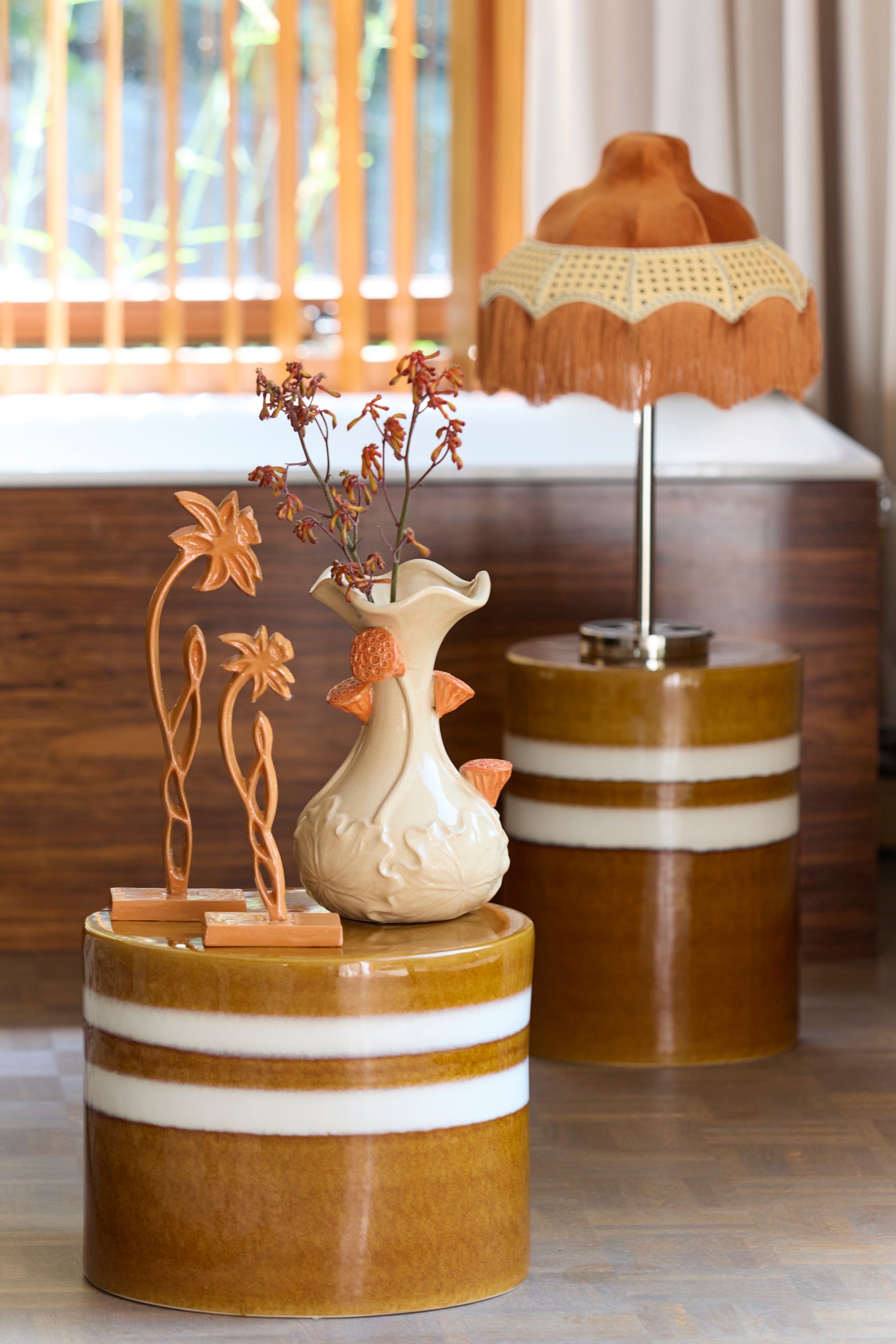 Mooca Cognac/White Striped Ceramic Round Side Table 44cm