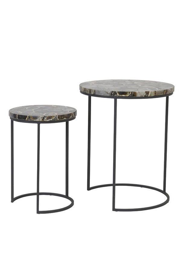 Axat Set of 2 Brown Agate & Black Round Side Tables Nest