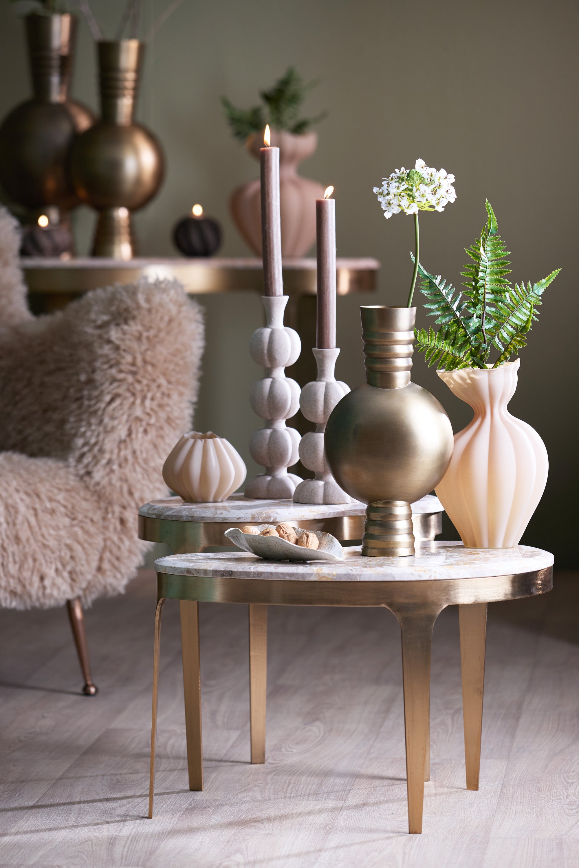 Giulio Taupe Marble & Antique Bronze Side Table
