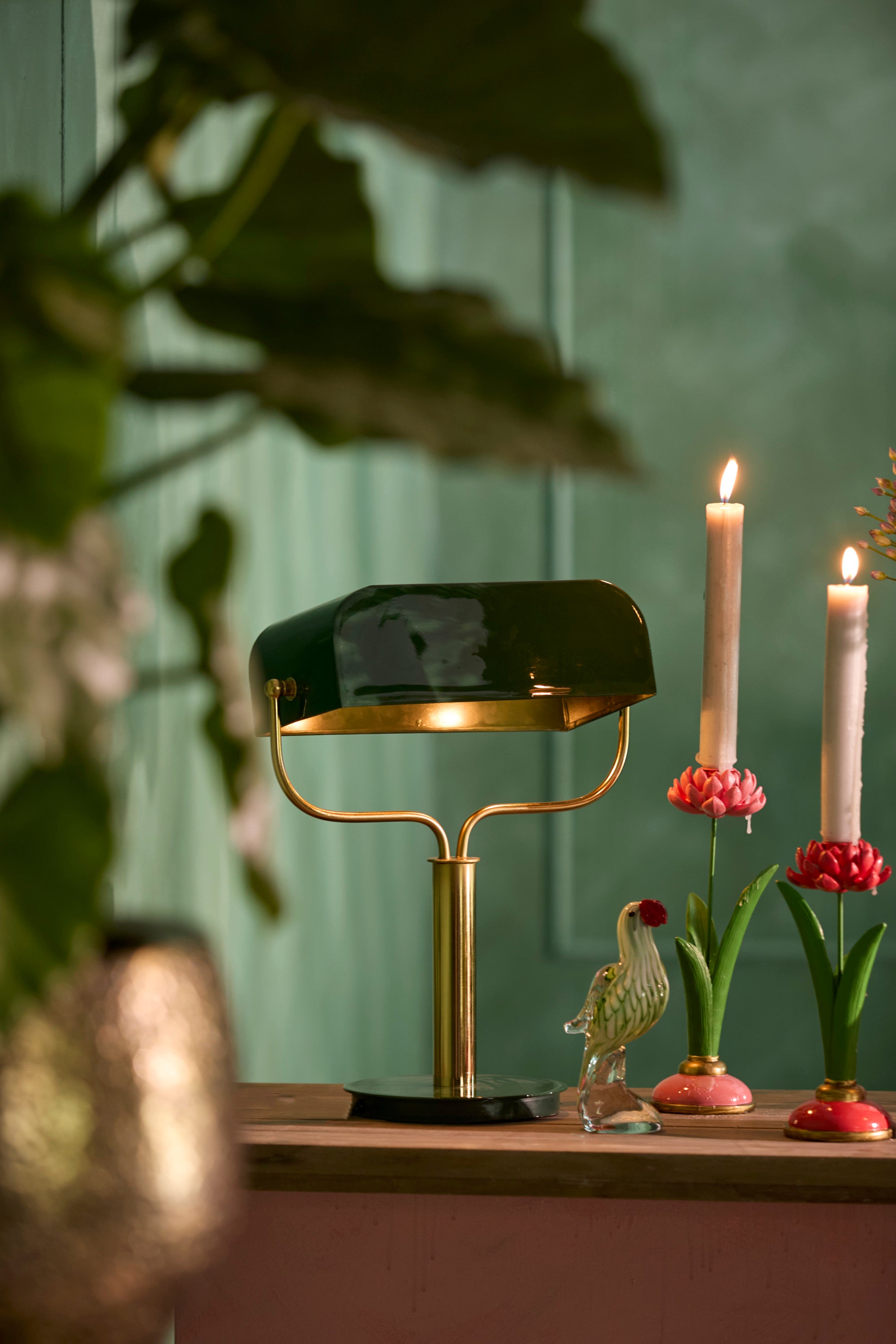 Ayer Gloss Dark Green & Gold Metal Table Lamp