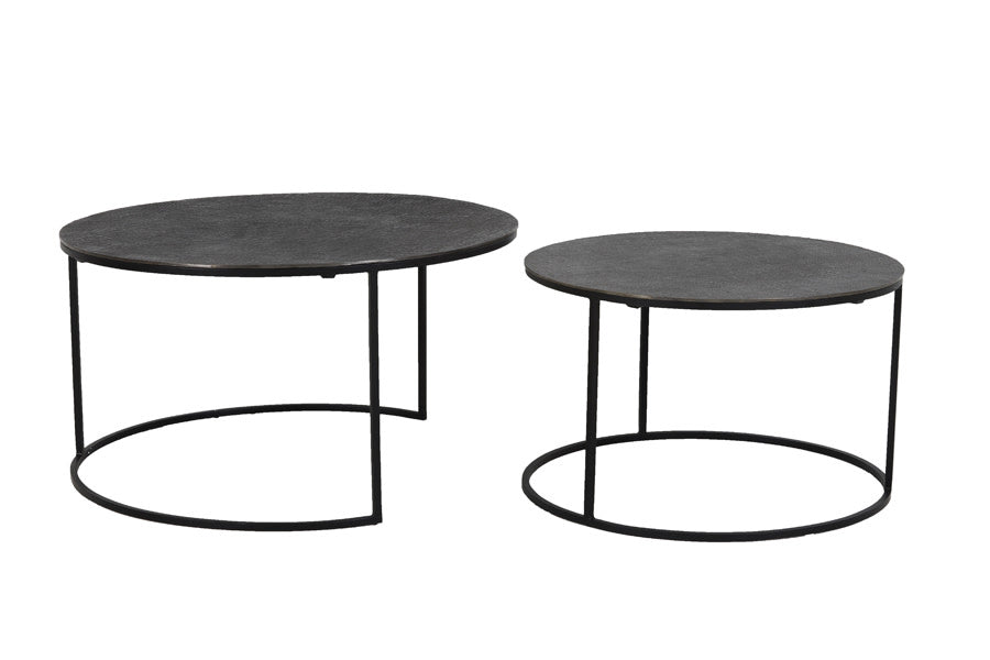 Rengo Set of 2 Textured Black Nickel Metal Round Coffee Tables Nest