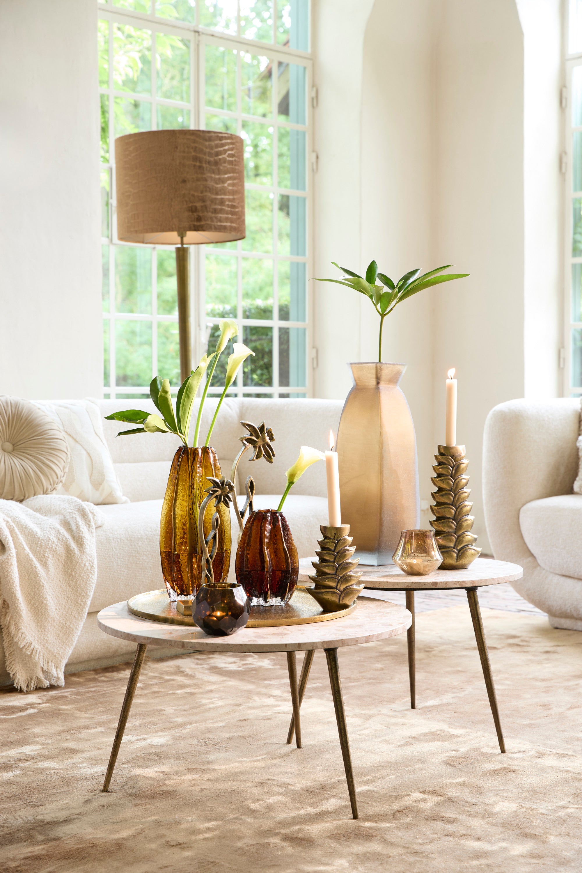 Zeca Taupe Marble & Brown Bronze Round Side Table 37cm