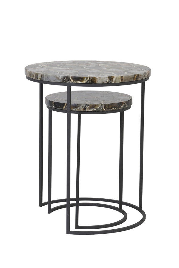 Axat Set of 2 Brown Agate & Black Round Side Tables Nest