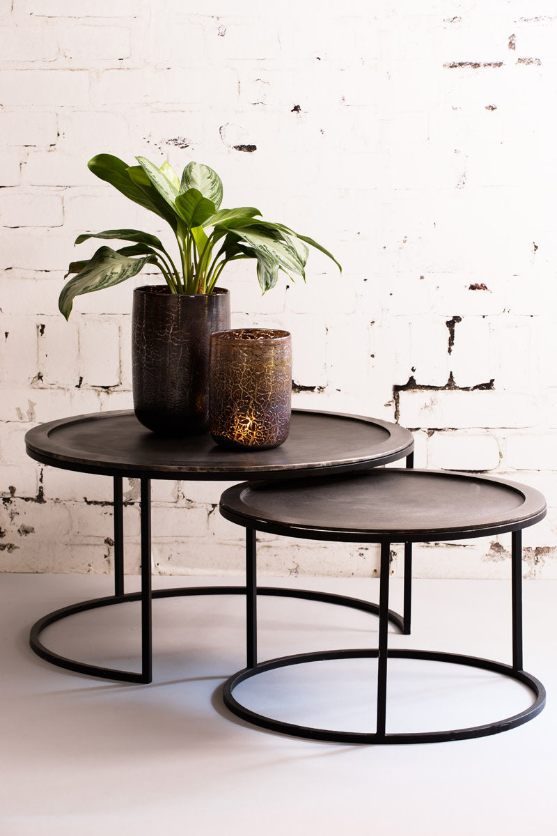 Talca Set of 2 Lead Antique Deep Edge Metal Round Coffee Tables Nest