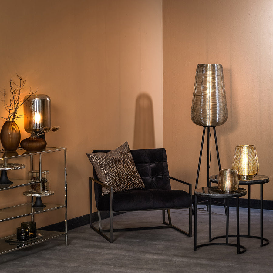 Alfio Set of 2 Dark Brown Marble & Black Round Side Tables Nest