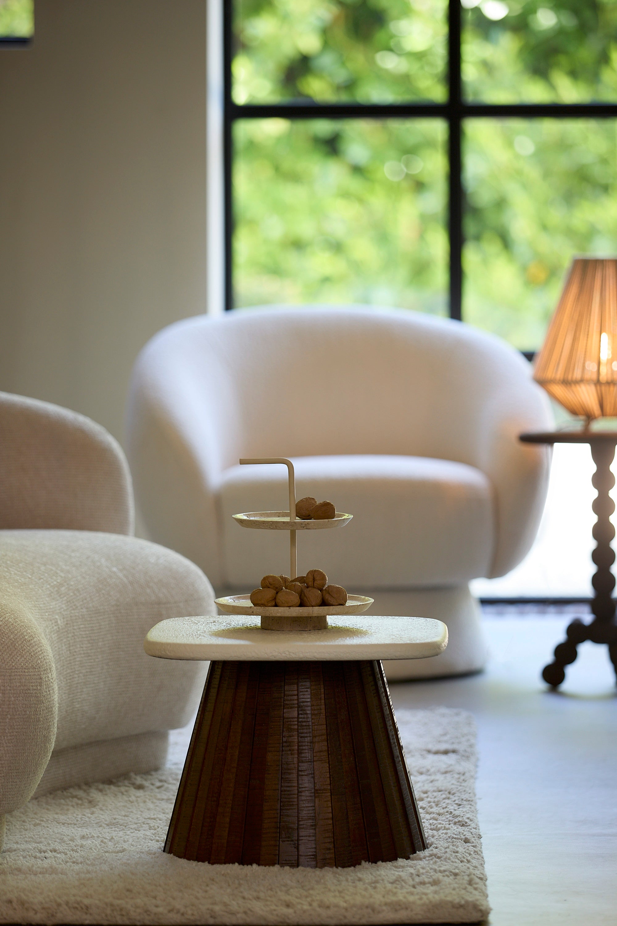 Okato Cream & Brown Slatted Wood Side Table 35cm
