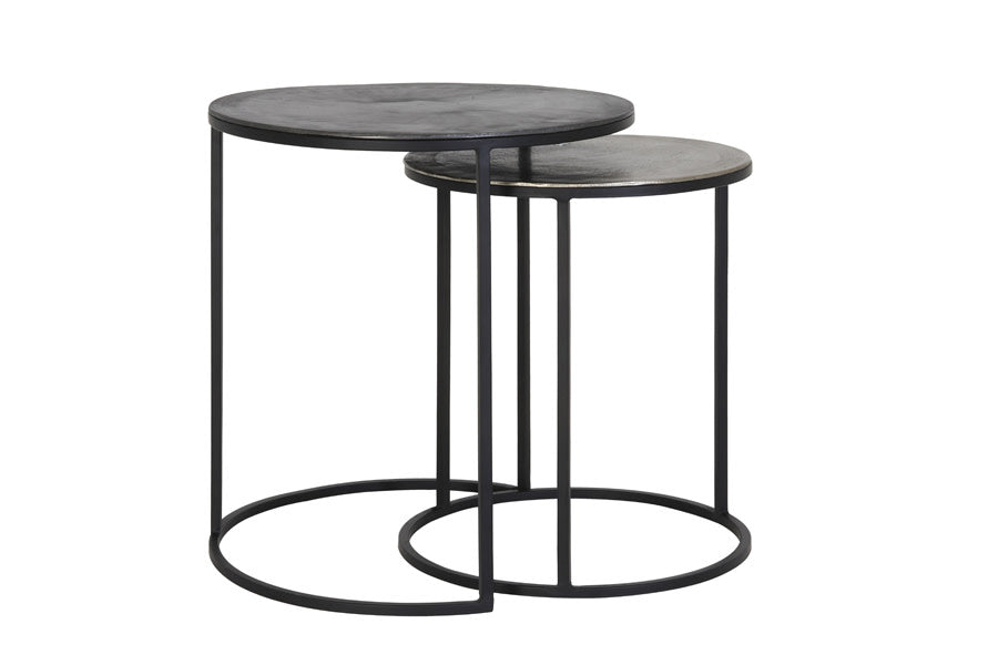 Talca Set of 2 Raw Lead & Antique Lead Metal Round Side Tables Nest