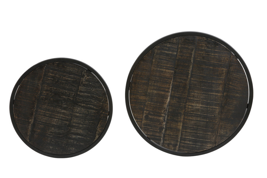 Doba Set of 2 Antique Matt Black Wood Round Side Tables Nest