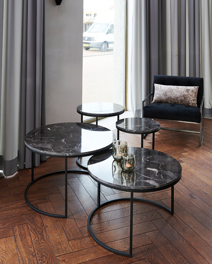 Alfio Set of 2 Dark Brown Marble & Black Round Coffee Tables Nest