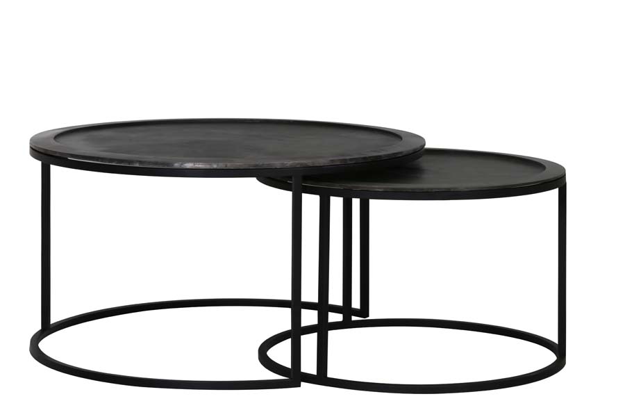 Talca Set of 2 Lead Antique Deep Edge Metal Round Coffee Tables Nest