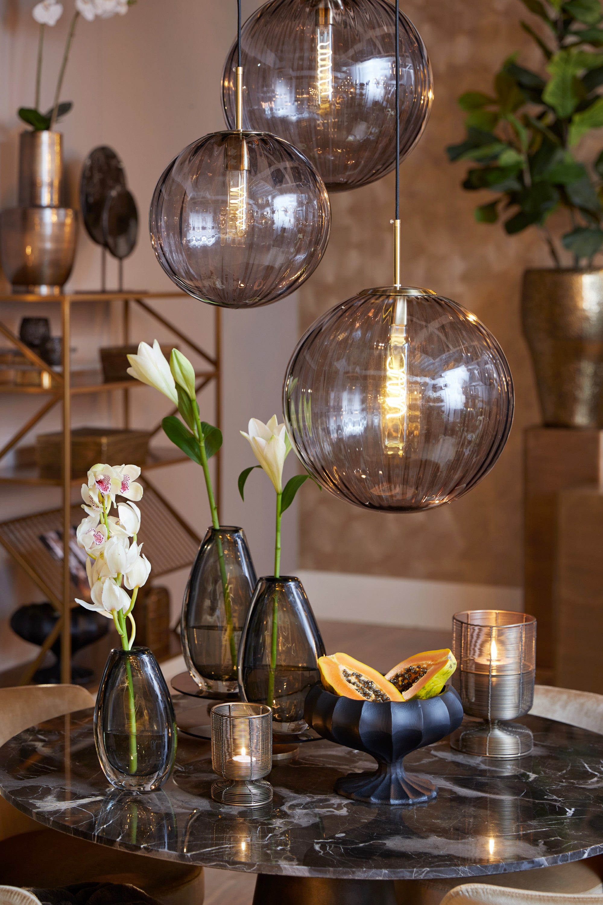 Magdala Light Grey Glass & Gold Pendant Light 30cm