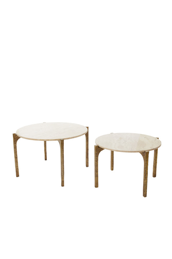 Kanae Set of 2 Sand Travertine & Antique Bronze Round Coffee Tables