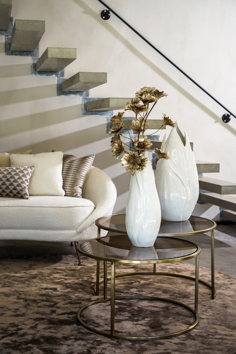 Duarte Set of 2 Brown Glass & Light Gold Round Coffee Tables Nest