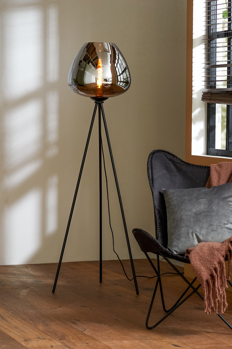 Mayson Smoked Glass & Matt Black Tripod Floor Lamp