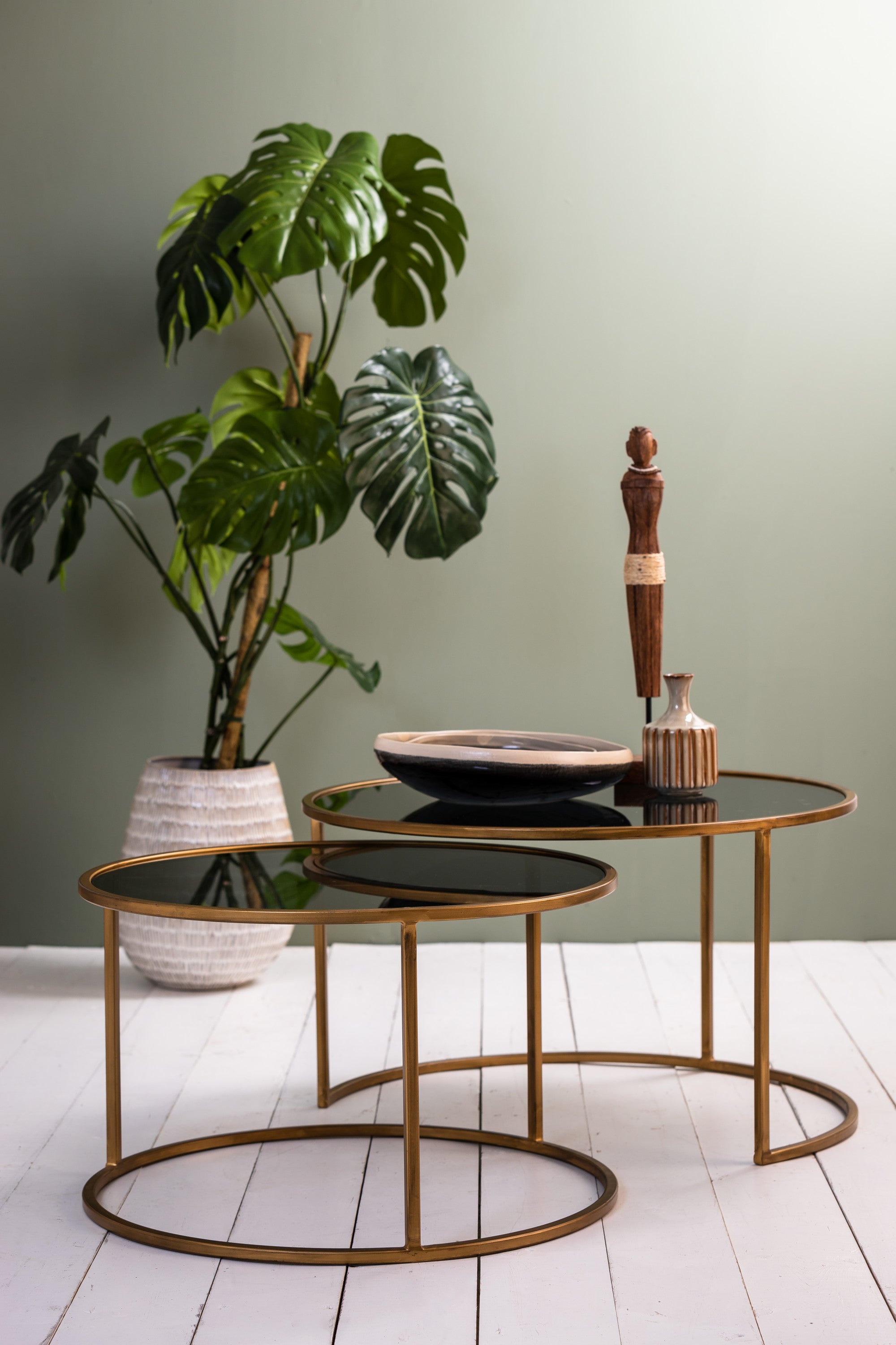 Duarte Set of 2 Smoked Gold Glass Round Coffee Tables Nest