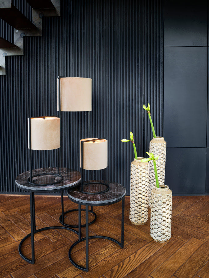 Alfio Set of 2 Dark Brown Marble & Black Round Side Tables Nest