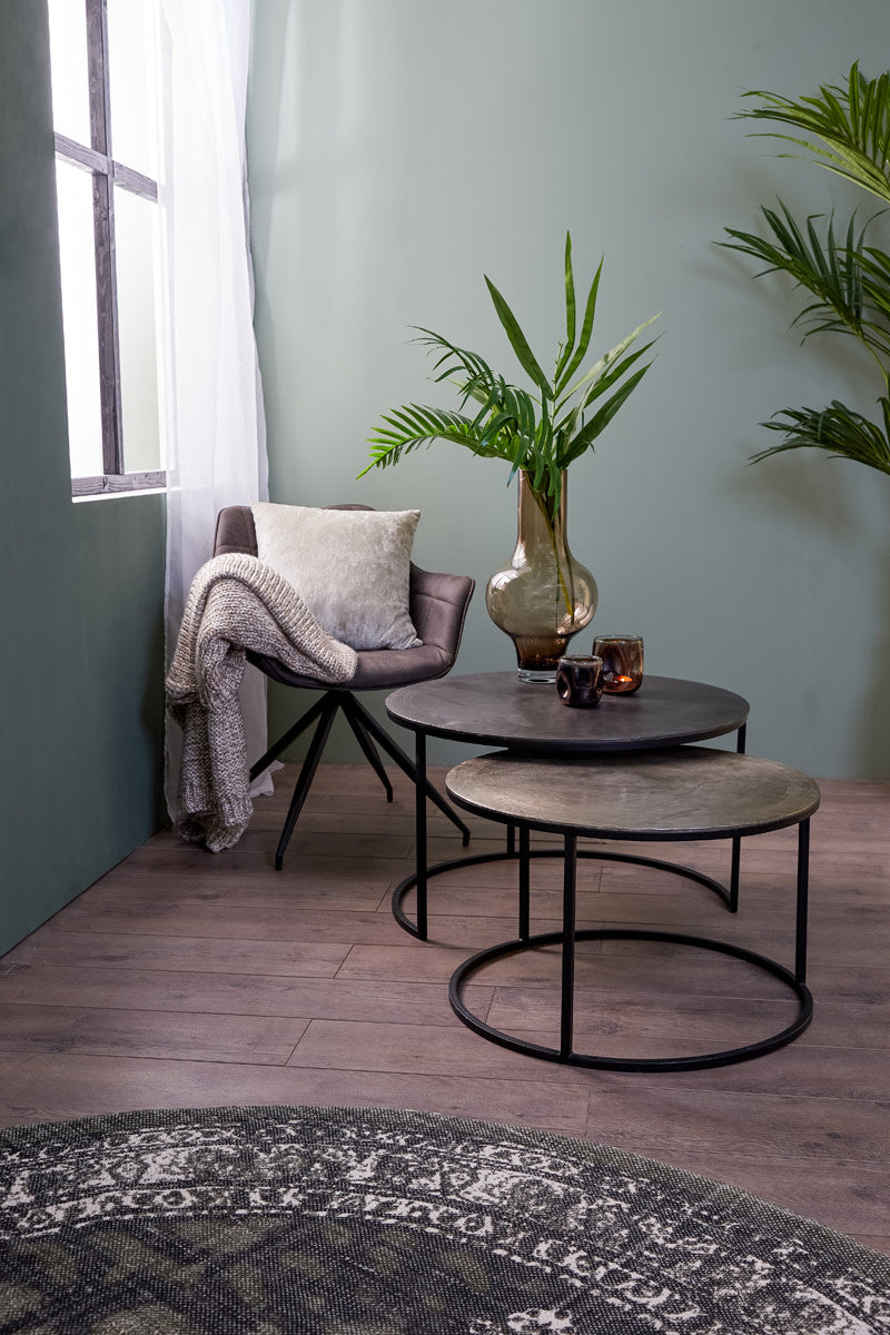 Talca Set of 2 Raw Lead & Antique Lead Metal Round Coffee Tables Nest