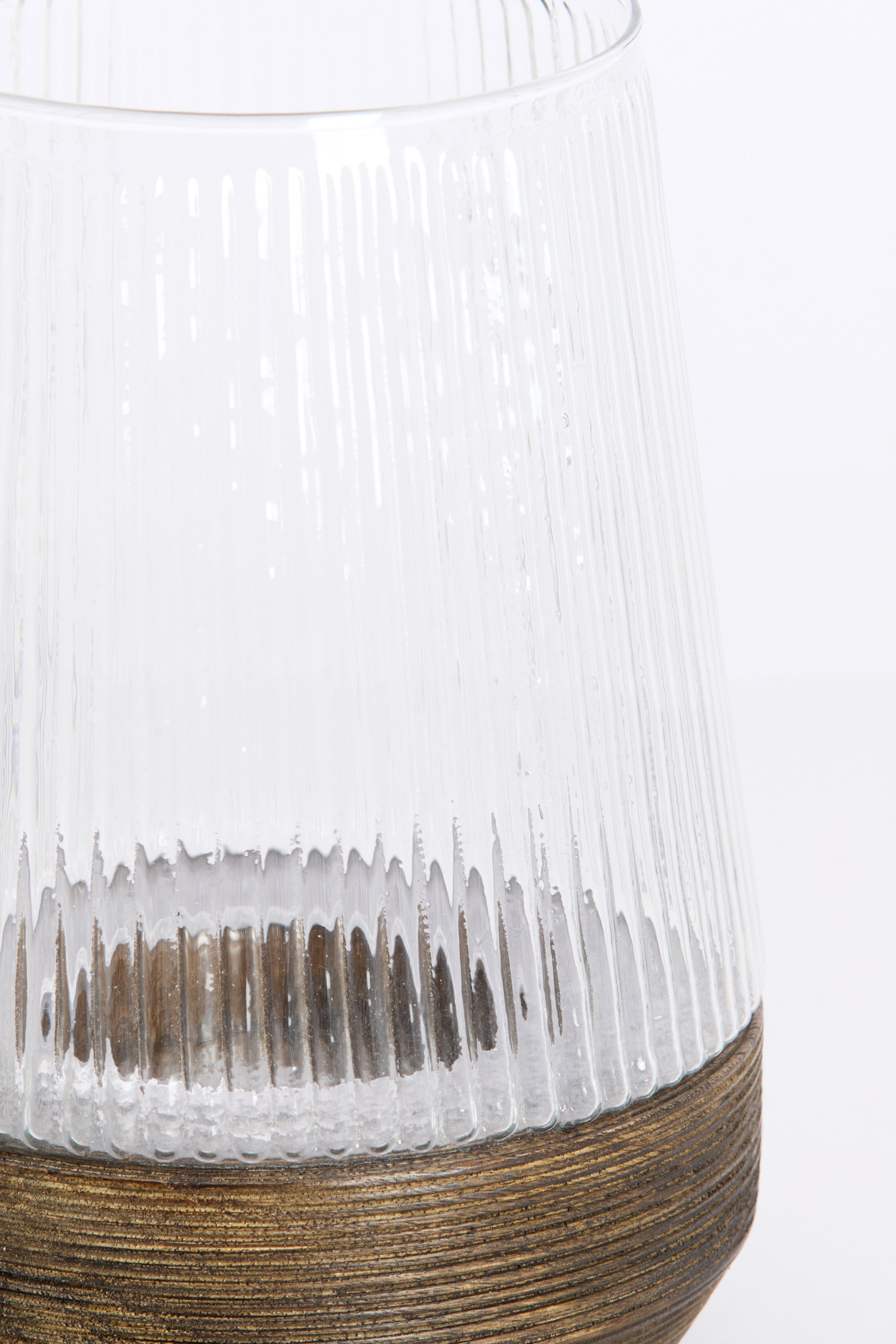 Minas Ribbed Clear Glass & Dark Brown Wood Hurricane Candle Holder 30cm