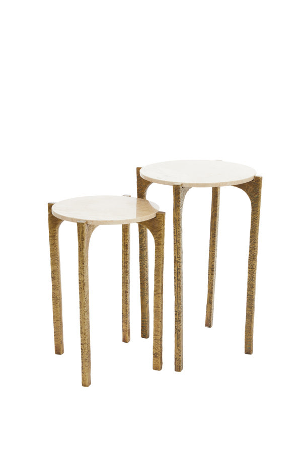 Kanae Set of 2 Sand Travertine & Antique Bronze Round Side Tables