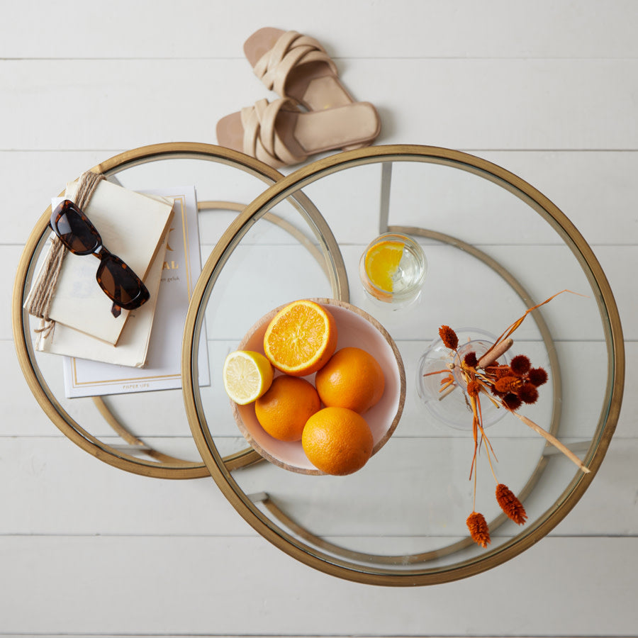 Duarte Set of 2 Gold Glass Round Side Tables Nest
