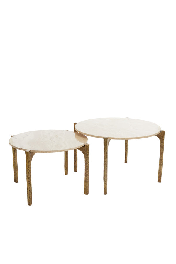 Kanae Set of 2 Sand Travertine & Antique Bronze Round Coffee Tables