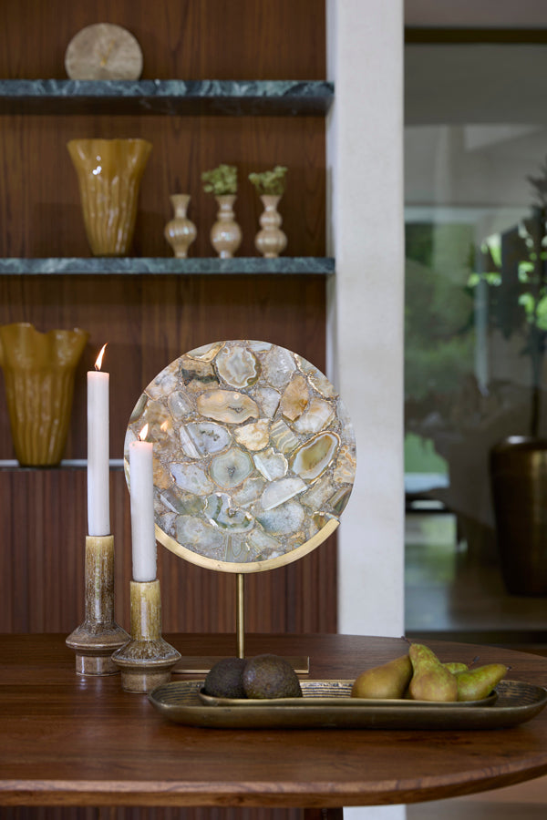 Gouya Yellow Agate & Antique Bronze Ornament on Stand 50cm