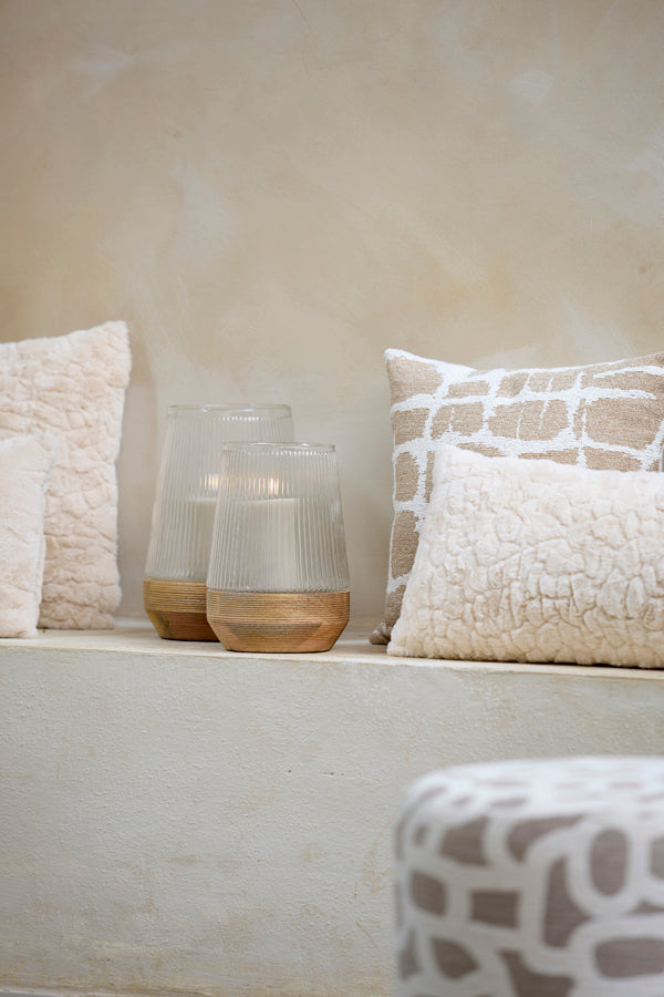 Minas Ribbed Clear Glass & Natural Wood Hurricane Candle Holder 30cm