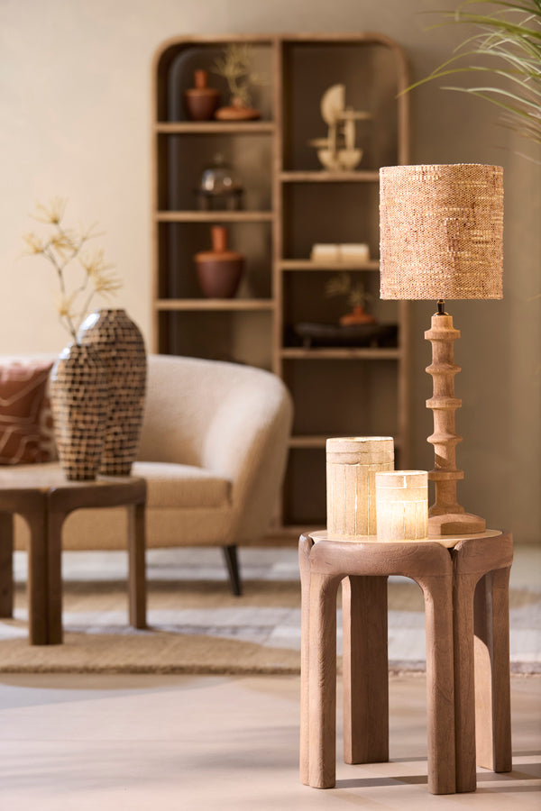 Ali Grey/Dark Brown Wood & Sand Travertine Side Table
