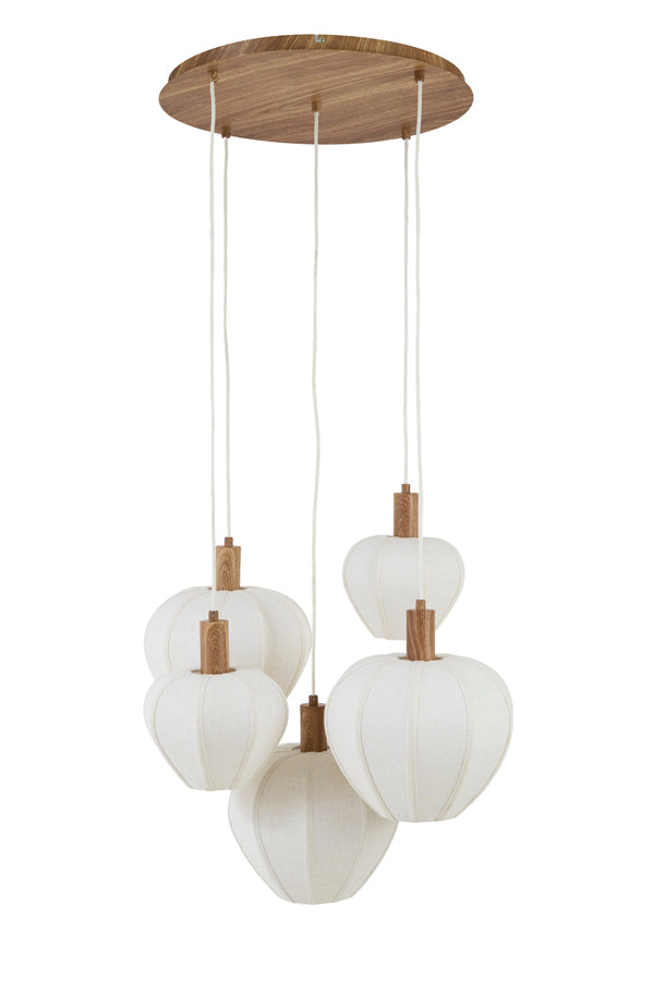 Huxi Natural Wood Effect & Cream Linen 5 Light Pendant Light